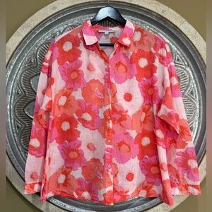 LOFT Pink purple, coral semi- sheer Poppy Floral Button-Down Shirt